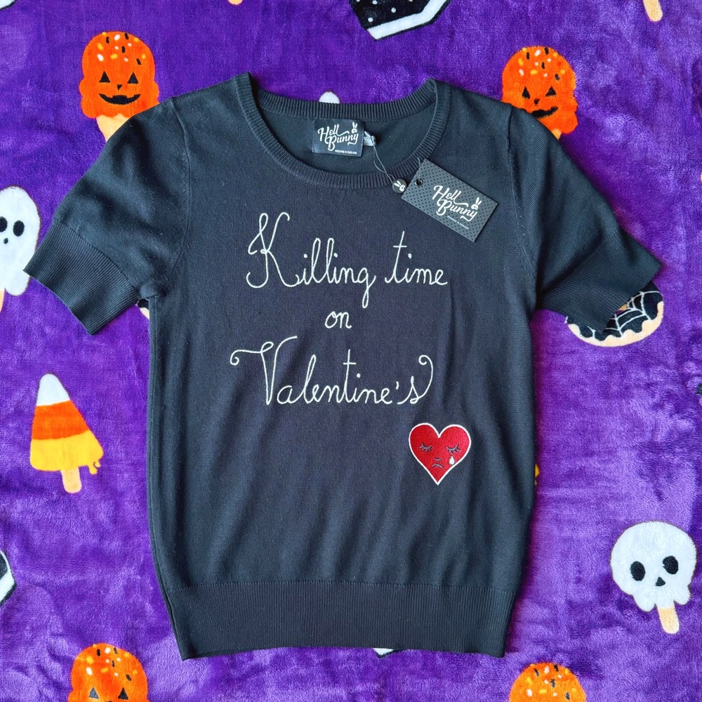 nwt hell bunny *killing time on valentine’s* non-valentine embroidered top S $48